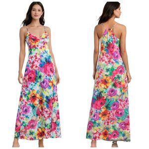 Nicole Miller Anthro Colorful Watercolor Maxi Slip Dress Spaghetti Straps Medium